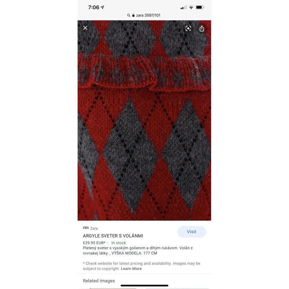 Zara Womens Argyle Sweater Turtleneck Ruffle Gray Red S Small NWT - Picture 5 of 8